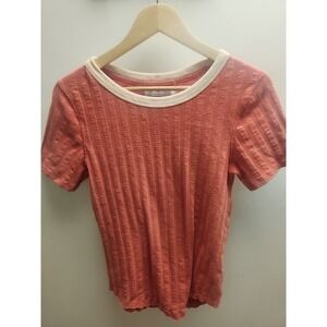 We The Free Knit Textured Short Sleeve Top Coral Orange Crew Neck Size L